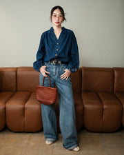 V-Neck Mandarin Collar Denim Blouse