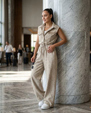 Sleeveless Denim Jumpsuit (Beige)