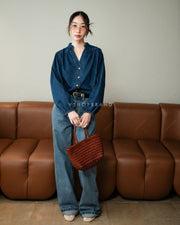 V-Neck Mandarin Collar Denim Blouse