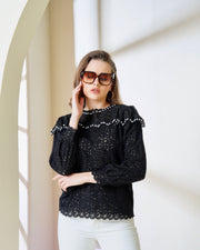 Designer Black Lace Pearl-Embellished Top