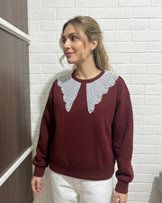 Burgundy Sweatshirt with Pearl Collar