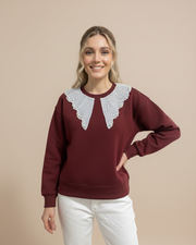 Burgundy Sweatshirt with Pearl Collar