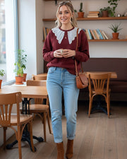 Burgundy Sweatshirt with Pearl Collar