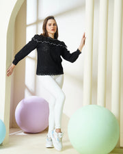 Designer Black Lace Pearl-Embellished Top