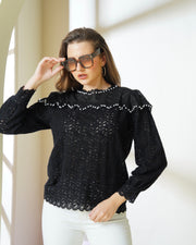 Designer Black Lace Pearl-Embellished Top
