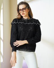 Designer Black Lace Pearl-Embellished Top