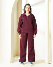 Maroon Quarter-Zip Sweatshirt & Wide-Leg Coord set