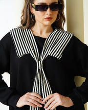 Women's Black Sailor Collar Sweatshirt Dress – Striped Tie-Neck Tunic