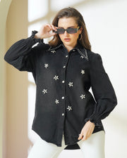 Washed Black Rhinestone Embellished Denim Shirt