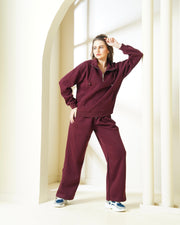 Maroon Quarter-Zip Sweatshirt & Wide-Leg Coord set
