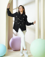 Washed Black Rhinestone Embellished Denim Shirt