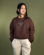 Brown Embellished Bow Sweatshirt
