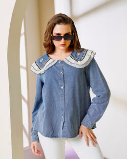 Pearl & Rhinestone Embellished Denim Shirt
