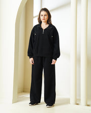 Black Quarter-Zip Sweatshirt & Wide-Leg Coord Set