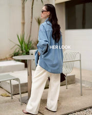 Light Blue Embroidered Flower Denim Shirt