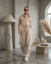 Sleeveless Denim Jumpsuit (Beige)