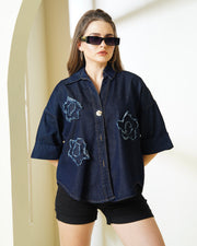 Dark Wash Denim Shirt with Raw-Edge 3D Flower Patches