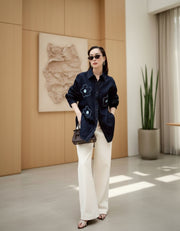 Dark blue Embroidered Flower Denim Shirt