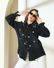 Washed Black Rhinestone Embellished Denim Shirt