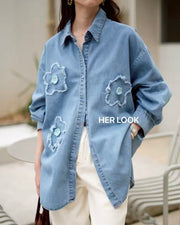 Light Blue Embroidered Flower Denim Shirt