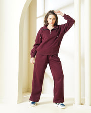 Maroon Quarter-Zip Sweatshirt & Wide-Leg Coord set