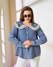 Pearl & Rhinestone Embellished Denim Shirt