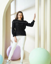 Designer Black Lace Pearl-Embellished Top