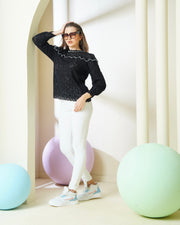 Designer Black Lace Pearl-Embellished Top