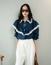 Cropped Ruffle Denim Shirt