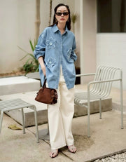 Light Blue Embroidered Flower Denim Shirt