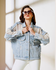 Denim Jacket with Floral Lace Panels