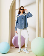 Pearl & Rhinestone Embellished Denim Shirt