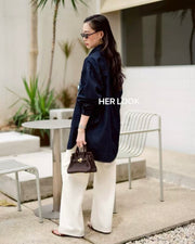 Dark blue Embroidered Flower Denim Shirt