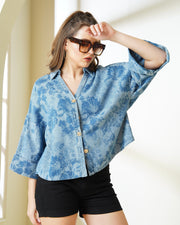 Blue Floral Printed Denim Shirt