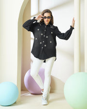 Washed Black Rhinestone Embellished Denim Shirt