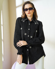 Washed Black Rhinestone Embellished Denim Shirt