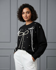 Black Pearl Bow Embellished Sweatshirt