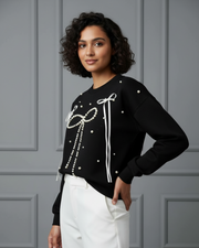 Black Pearl Bow Embellished Sweatshirt
