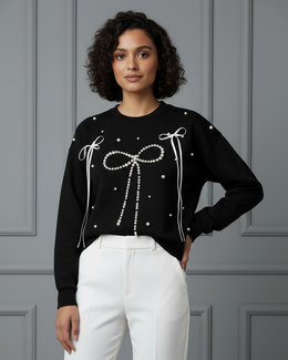 Black Pearl Bow Embellished Sweatshirt