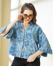Blue Floral Printed Denim Shirt