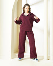 Maroon Quarter-Zip Sweatshirt & Wide-Leg Coord set