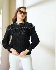 Designer Black Lace Pearl-Embellished Top