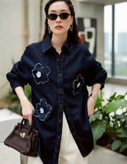 Dark blue Embroidered Flower Denim Shirt