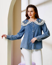 Pearl & Rhinestone Embellished Denim Shirt