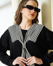 Women's Black Sailor Collar Sweatshirt Dress – Striped Tie-Neck Tunic