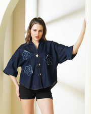 Dark Wash Denim Shirt with Raw-Edge 3D Flower Patches