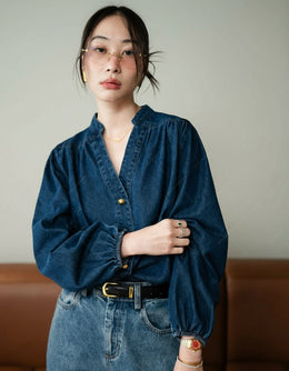 V-Neck Mandarin Collar Denim Blouse