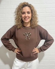 Brown Embellished Bow Sweatshirt