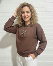 Brown Embellished Bow Sweatshirt