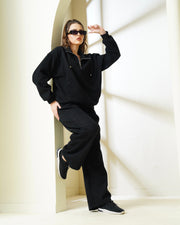Black Quarter-Zip Sweatshirt & Wide-Leg Coord Set